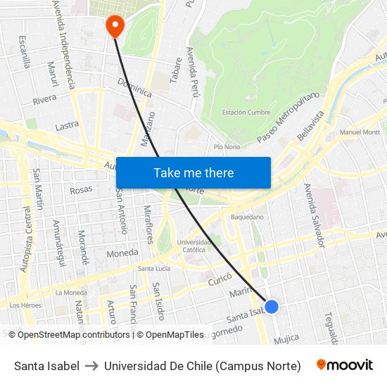 Santa Isabel to Universidad De Chile (Campus Norte) map