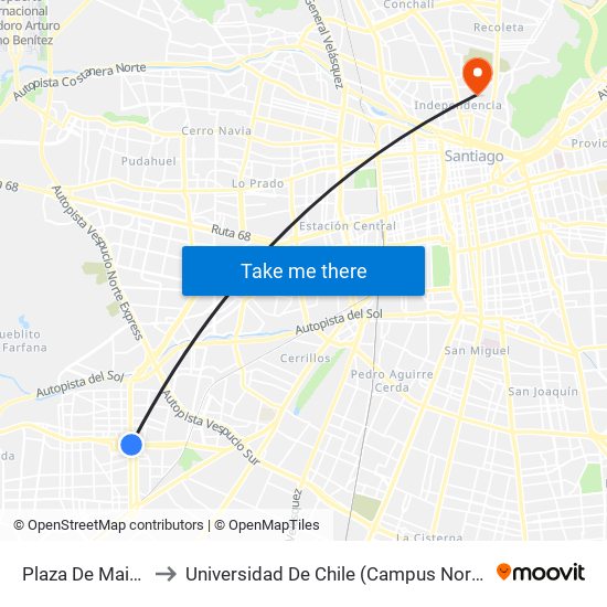 Plaza De Maipú to Universidad De Chile (Campus Norte) map