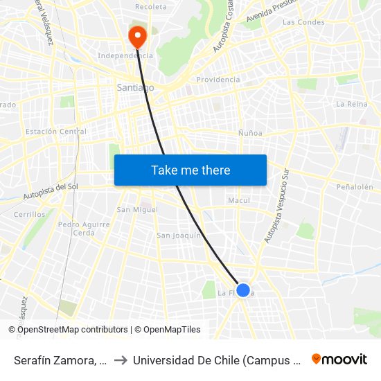 Serafín Zamora, 153 to Universidad De Chile (Campus Norte) map