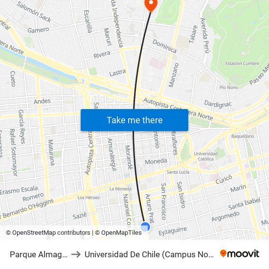 Parque Almagro to Universidad De Chile (Campus Norte) map