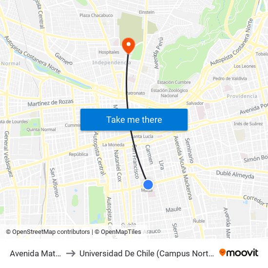 Avenida Matta to Universidad De Chile (Campus Norte) map