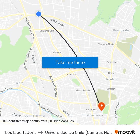 Los Libertadores to Universidad De Chile (Campus Norte) map