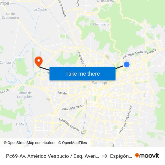 Pc69-Av. Américo Vespucio / Esq. Avenida Vitacura to Espigón ""F"" map
