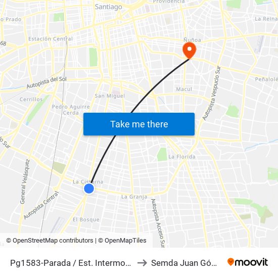 Pg1583-Parada / Est. Intermodal La Cisterna to Semda Juan Gómez Millas map