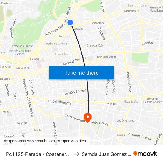 Pc1125-Parada / Costanera Center to Semda Juan Gómez Millas map