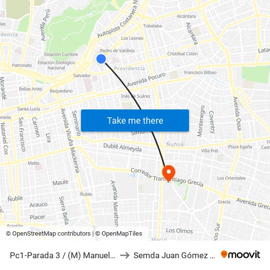 Pc1-Parada 3 / (M) Manuel Montt to Semda Juan Gómez Millas map