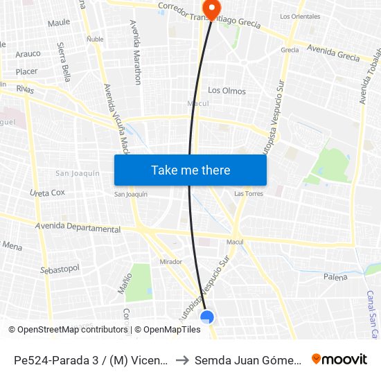 Pe524-Parada 3 / (M) Vicente Valdés to Semda Juan Gómez Millas map