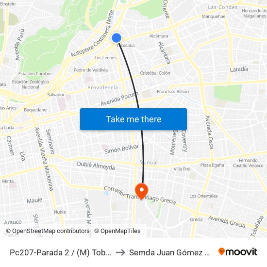 Pc207-Parada 2 / (M) Tobalaba to Semda Juan Gómez Millas map