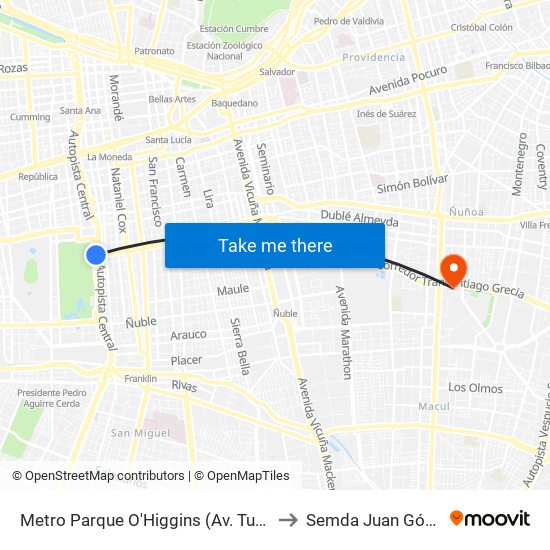 Metro Parque O'Higgins (Av. Tupper Esq. Av. Viel) to Semda Juan Gómez Millas map