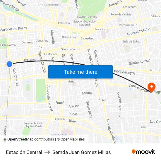 Estación Central to Semda Juan Gómez Millas map