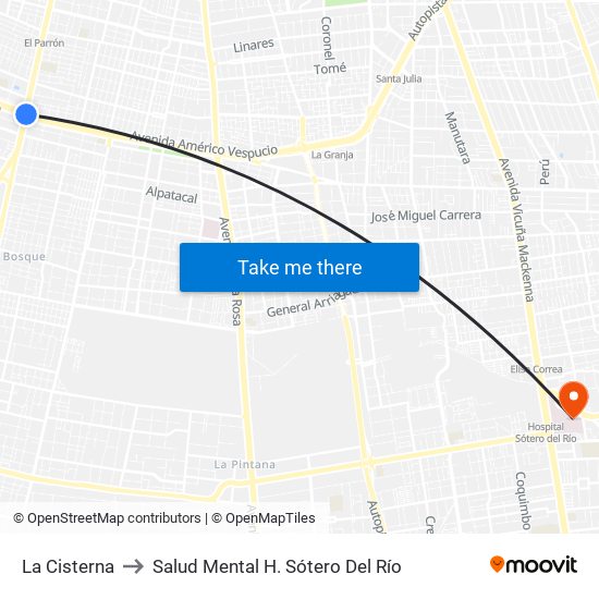 La Cisterna to Salud Mental H. Sótero Del Río map