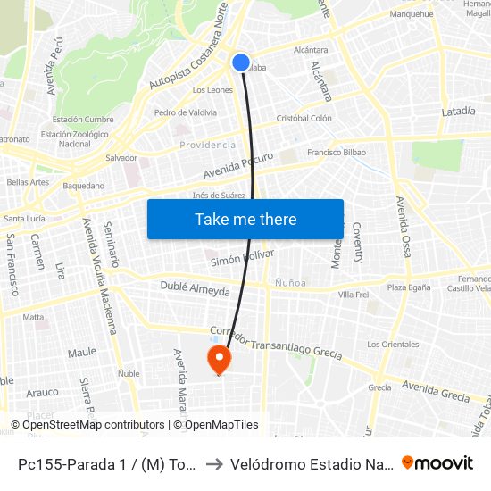 Pc155-Parada 1 / (M) Tobalaba to Velódromo Estadio Nacional map