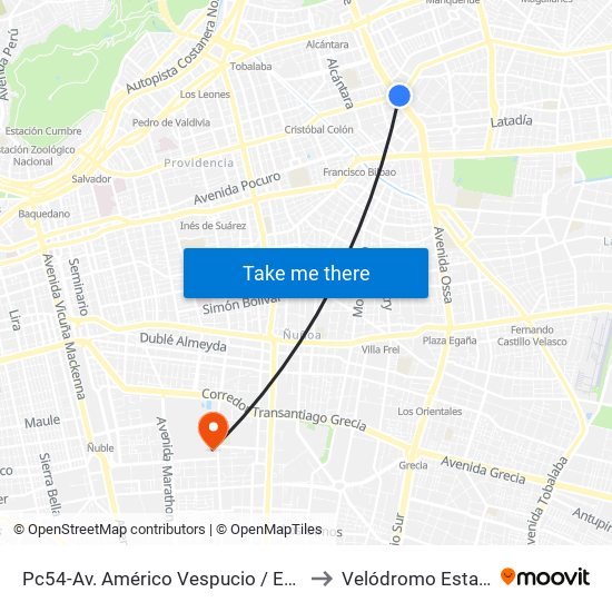 Pc54-Av. Américo Vespucio / Esq. Av. Cristóbal Colón to Velódromo Estadio Nacional map