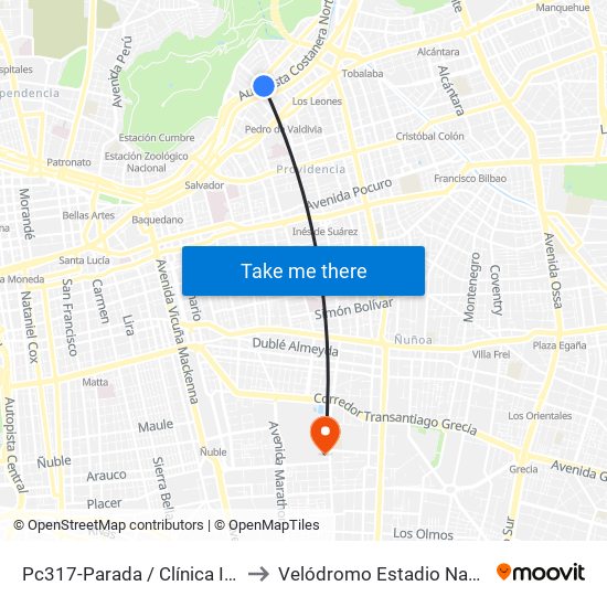 Pc317-Parada / Clínica Indisa to Velódromo Estadio Nacional map