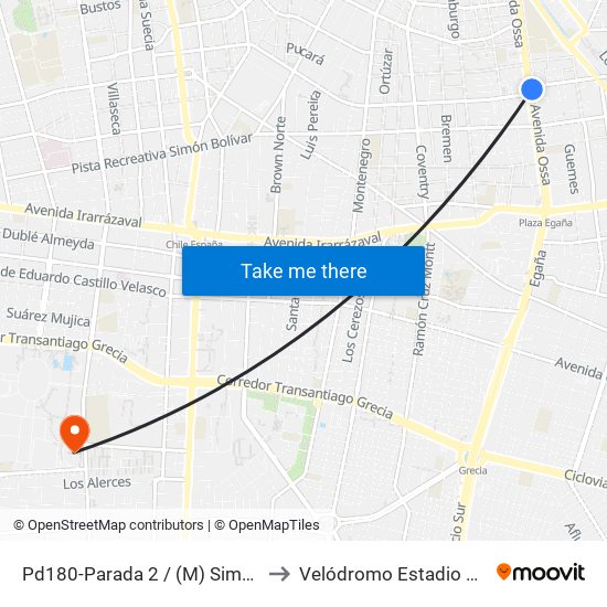 Pd180-Parada 2 / (M) Simón Bolívar to Velódromo Estadio Nacional map