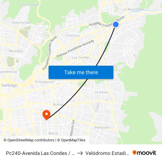 Pc240-Avenida Las Condes / Esq. Pamplona to Velódromo Estadio Nacional map