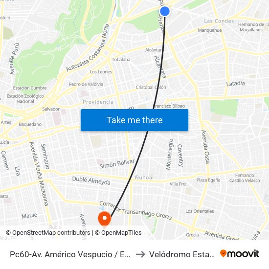 Pc60-Av. Américo Vespucio / Esq. Av. Pdte. Kennedy to Velódromo Estadio Nacional map