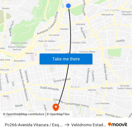 Pc266-Avenida Vitacura / Esq. Nueva Costanera to Velódromo Estadio Nacional map