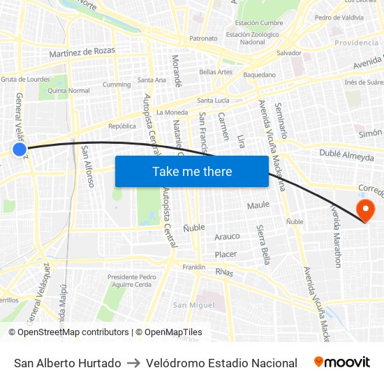 San Alberto Hurtado to Velódromo Estadio Nacional map