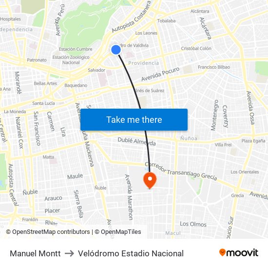 Manuel Montt to Velódromo Estadio Nacional map