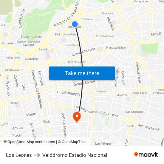 Los Leones to Velódromo Estadio Nacional map