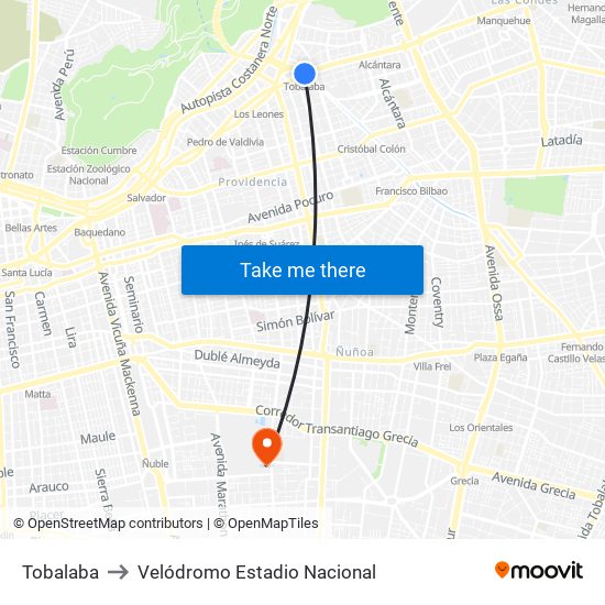 Tobalaba to Velódromo Estadio Nacional map