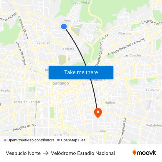 Vespucio Norte to Velódromo Estadio Nacional map