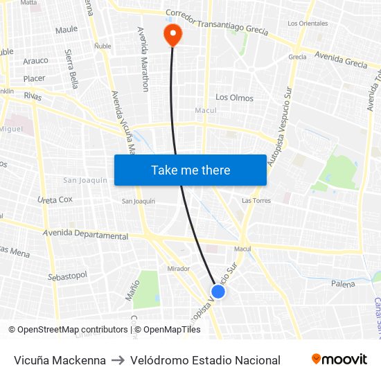 Vicuña Mackenna to Velódromo Estadio Nacional map