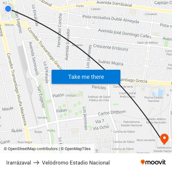 Irarrázaval to Velódromo Estadio Nacional map