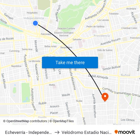 Echeverría - Independencia to Velódromo Estadio Nacional map
