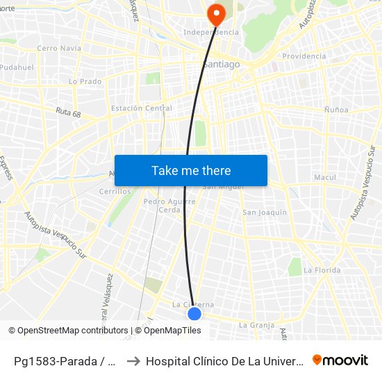 Pg1583-Parada / Est. Intermodal La Cisterna to Hospital Clínico De La Universidad De Chile Dr. Jose Joaquín Aguirre map