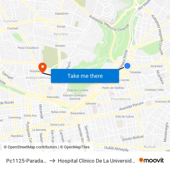 Pc1125-Parada / Costanera Center to Hospital Clínico De La Universidad De Chile Dr. Jose Joaquín Aguirre map