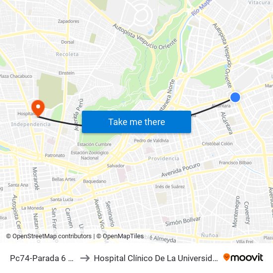 Pc74-Parada 6 / (M) Escuela Militar to Hospital Clínico De La Universidad De Chile Dr. Jose Joaquín Aguirre map