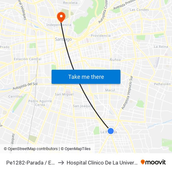 Pe1282-Parada / Est. Intermodal De La Florida to Hospital Clínico De La Universidad De Chile Dr. Jose Joaquín Aguirre map