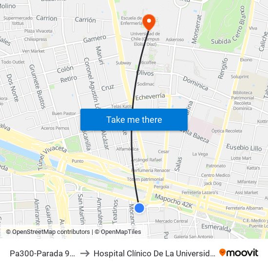 Pa300-Parada 9 / Estación Mapocho to Hospital Clínico De La Universidad De Chile Dr. Jose Joaquín Aguirre map