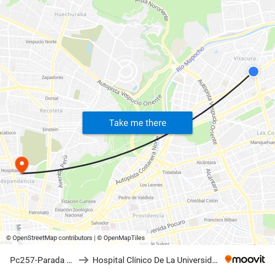 Pc257-Parada 2 / Clínica Alemana to Hospital Clínico De La Universidad De Chile Dr. Jose Joaquín Aguirre map