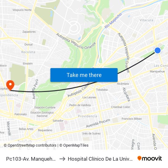 Pc103-Av. Manquehue Norte / Esq. Av. Pdte. Riesco to Hospital Clínico De La Universidad De Chile Dr. Jose Joaquín Aguirre map