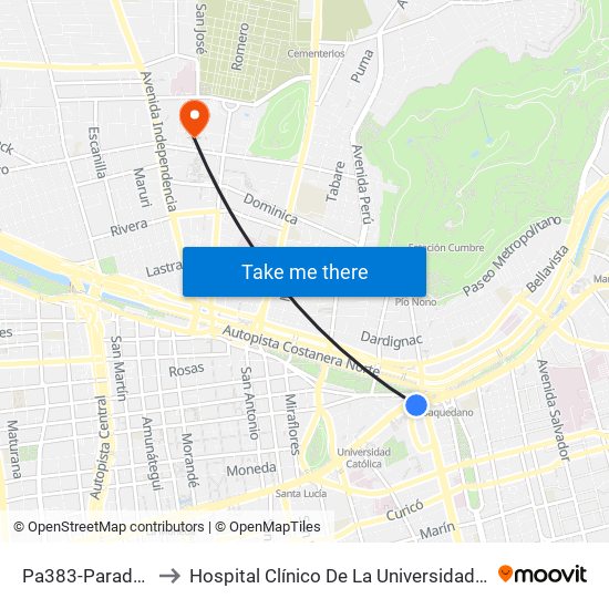 Pa383-Parada 5 / Plaza Italia to Hospital Clínico De La Universidad De Chile Dr. Jose Joaquín Aguirre map