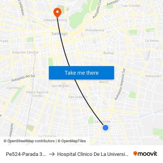 Pe524-Parada 3 / (M) Vicente Valdés to Hospital Clínico De La Universidad De Chile Dr. Jose Joaquín Aguirre map