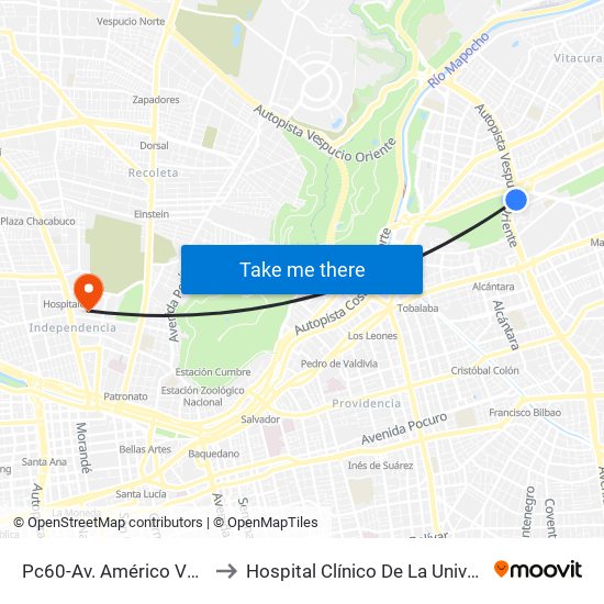 Pc60-Av. Américo Vespucio / Esq. Av. Pdte. Kennedy to Hospital Clínico De La Universidad De Chile Dr. Jose Joaquín Aguirre map