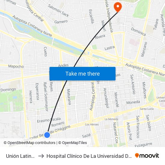 Unión Latino Americana to Hospital Clínico De La Universidad De Chile Dr. Jose Joaquín Aguirre map