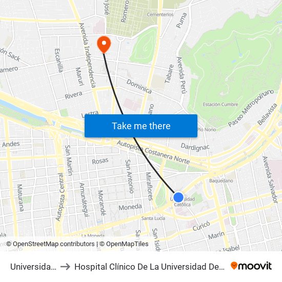 Universidad Católica to Hospital Clínico De La Universidad De Chile Dr. Jose Joaquín Aguirre map