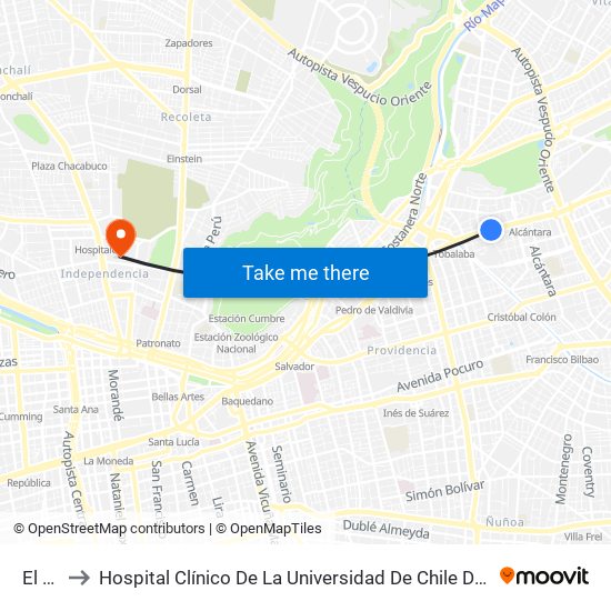 El Golf to Hospital Clínico De La Universidad De Chile Dr. Jose Joaquín Aguirre map