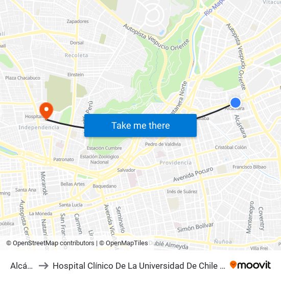 Alcántara to Hospital Clínico De La Universidad De Chile Dr. Jose Joaquín Aguirre map