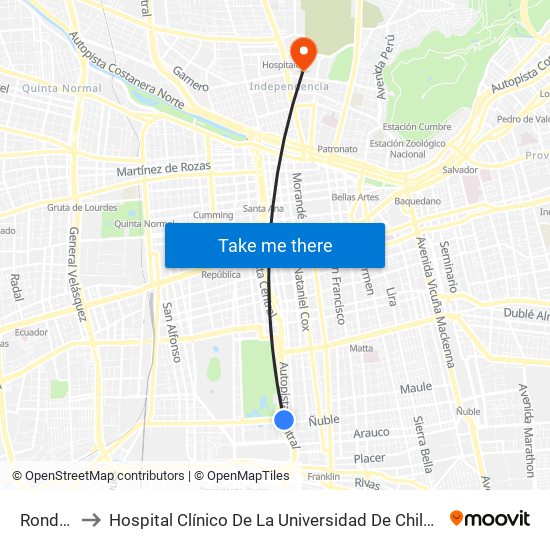 Rondizzoni to Hospital Clínico De La Universidad De Chile Dr. Jose Joaquín Aguirre map