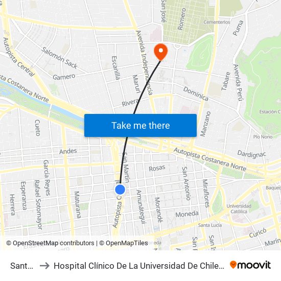 Santa Ana to Hospital Clínico De La Universidad De Chile Dr. Jose Joaquín Aguirre map