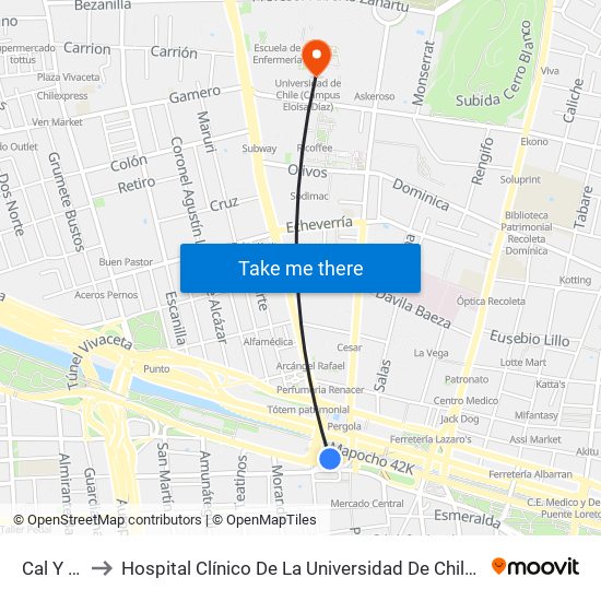 Cal Y Canto to Hospital Clínico De La Universidad De Chile Dr. Jose Joaquín Aguirre map