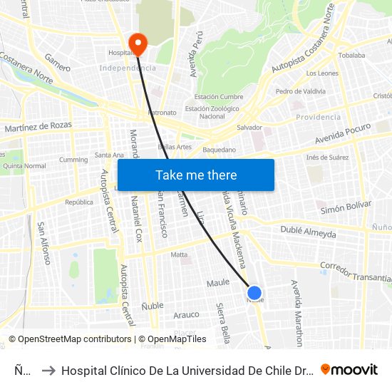 Ñuble to Hospital Clínico De La Universidad De Chile Dr. Jose Joaquín Aguirre map