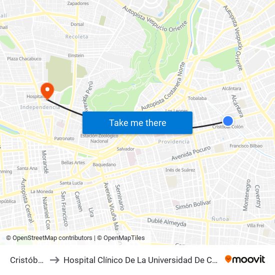 Cristóbal Colón to Hospital Clínico De La Universidad De Chile Dr. Jose Joaquín Aguirre map