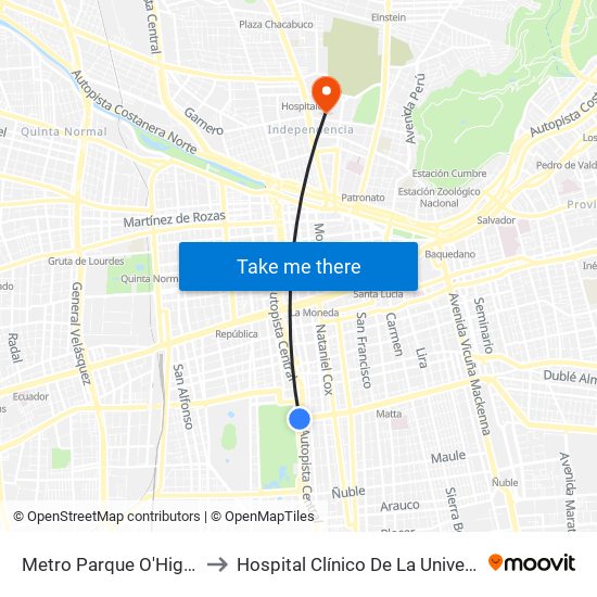 Metro Parque O'Higgins (Av. Tupper Esq. Av. Viel) to Hospital Clínico De La Universidad De Chile Dr. Jose Joaquín Aguirre map